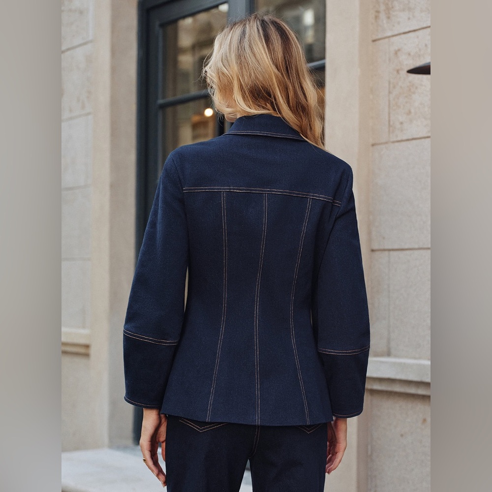 COMMENSE Contrast Stitch Denim Jacket COLOR - Navy, Size Small NWT - Picture 3 of 12
